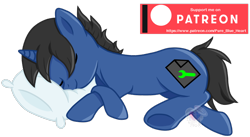 Size: 866x475 | Tagged: safe, artist:pure-blue-heart, derpibooru import, oc, oc:digital wrench, pony, unicorn, black mane, male, patreon, patreon logo, patreon reward, pillow, simple background, sleeping, solo, stallion, transparent background