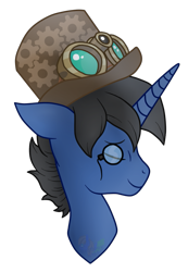 Size: 755x1089 | Tagged: safe, artist:pure-blue-heart, derpibooru import, oc, oc:digital wrench, unicorn, black mane, bust, commission, commissioner:bastler, goggles, hat, male, portrait, simple background, solo, stallion, steampunk, transparent background