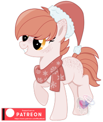 Size: 875x1026 | Tagged: safe, artist:pure-blue-heart, derpibooru import, oc, oc:brushed light, earth pony, pony, body freckles, christmas, clothes, female, freckles, hat, holiday, mare, patreon, patreon logo, patreon reward, santa hat, scarf, simple background, snow, snowflake, solo, transparent background