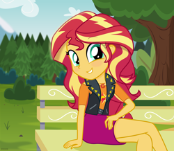 Size: 8000x6984 | Tagged: safe, artist:n0kkun, derpibooru import, sunset shimmer, better together, equestria girls, belt, bench, blushing, clothes, cute, cutie mark on clothes, female, geode of empathy, grin, jacket, jewelry, leather jacket, looking at you, magical geodes, necklace, shimmerbetes, shirt, skirt, smiling, smiling at you, solo, t-shirt, tree