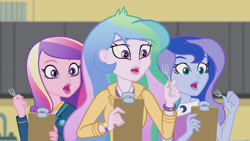 Size: 3410x1920 | Tagged: safe, derpibooru import, screencap, dean cadance, princess cadance, princess celestia, princess luna, principal celestia, vice principal luna, acadeca, equestria girls, friendship games, clipboard, female, fork, high res, open mouth, trio, trio female