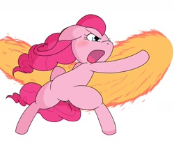 Size: 1410x1159 | Tagged: safe, artist:batipin, derpibooru import, pinkie pie, earth pony, pony, action pose, bipedal, fire, open mouth, punch, solo