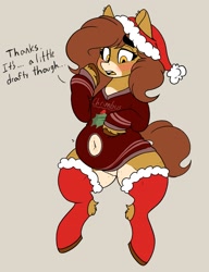 Size: 1573x2048 | Tagged: safe, artist:somefrigginnerd, derpibooru import, oc, oc only, oc:pencil test, earth pony, pony, belly button, christmas, christmas sweater, clothes, female, freckles, hat, holiday, navel cutout, santa hat, solo, sweater