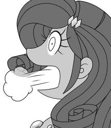 Size: 640x740 | Tagged: safe, artist:batipin, derpibooru import, rarity, equestria girls, grayscale, monochrome, open mouth, solo