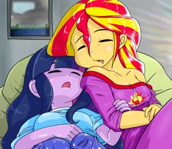 Size: 1480x1280 | Tagged: safe, alternate version, artist:batipin, derpibooru import, sci-twi, sunset shimmer, twilight sparkle, equestria girls, breasts, cleavage, clothes, drool, duo, female, lesbian, scitwishimmer, shipping, sleeping, sunsetsparkle