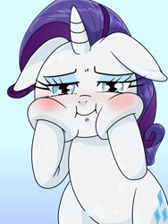 Size: 1536x2048 | Tagged: safe, alternate version, artist:batipin, derpibooru import, rarity, pony, unicorn, bipedal, blushing, cheek squish, crying, ears, female, floppy ears, gradient background, looking at you, mare, rarity is a marshmallow, simple background, solo, squishy cheeks