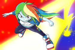 Size: 2467x1626 | Tagged: safe, alternate version, artist:batipin, derpibooru import, rainbow dash, equestria girls, abstract background, clothes, converse, jacket, leggings, shirt, shoes, sneakers, solo