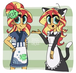 Size: 2048x1968 | Tagged: safe, artist:oc_ponys, derpibooru import, sunset shimmer, fish, equestria girls, apron, clothes, duality, fake ears, japanese, maid, neko, puffer fish, simple background, sunset sushi, white background