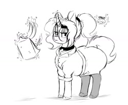 Size: 1736x1426 | Tagged: safe, artist:somefrigginnerd, derpibooru import, oc, oc only, oc:pencil test, pony, unicorn, choker, clipboard, clothes, female, freckles, glasses, inkwell, magic, magic aura, monochrome, pantyhose, solo, telekinesis