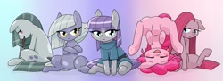 Size: 2048x748 | Tagged: safe, artist:batipin, derpibooru import, part of a set, limestone pie, marble pie, maud pie, pinkie pie, earth pony, pony, butt, clothes, dress, duality, headstand, mouth hold, one of these things is not like the others, open mouth, pickaxe, pie sisters, pinkamena diane pie, plot, siblings, sisters, upside down