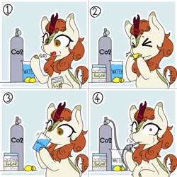 Size: 3000x3000 | Tagged: safe, artist:zemlya, derpibooru import, autumn blaze, kirin, pony, 4 panel comic, belly inflation, carbon dioxide, co2, comic, drink, drinking, eating, food, inflation, lemon, solo, sugar (food), water