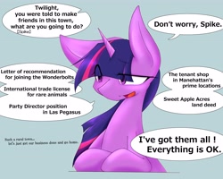 Size: 4096x3277 | Tagged: safe, artist:zemlya, derpibooru import, spike, twilight sparkle, unicorn twilight, pony, unicorn, english, eye clipping through hair, female, mare, offscreen character, one ear down, simple background, solo, solo focus, speech bubble, translation