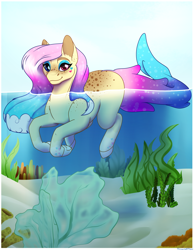 Size: 2156x2782 | Tagged: safe, artist:dragonightdraws, derpibooru import, oc, oc only, merpony, pony, colored pupils, commission, crepuscular rays, female, fish tail, flowing tail, looking at you, purple mane, red eyes, seaweed, smiling, solo, sunlight, tail, underwater, water