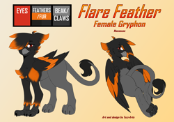 Size: 5625x3930 | Tagged: safe, artist:tuzz-arts, derpibooru import, oc, oc:flare feather, griffon, butt, female, griffon oc, paws, raised tail, reference sheet, solo, solo female, tail, text