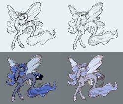 Size: 2160x1828 | Tagged: safe, artist:assasinmonkey, derpibooru import, princess luna, alicorn, pony, seapony (g4), black and white, blue eyes, blue mane, blue tail, dorsal fin, female, fin wings, fins, fish tail, flowing mane, flowing tail, gray background, grayscale, horn, mare, monochrome, seaponified, seapony luna, signature, simple background, sketch, smiling, solo, species swap, spread wings, tail, white background, wings