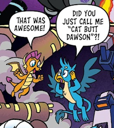 Size: 266x299 | Tagged: safe, derpibooru import, idw, gallus, smolder, dragon, griffon, spoiler:comic, awesome, cat butt dawson, comic, cropped, official, speech bubble, text, transformers