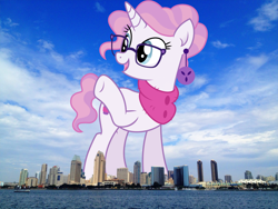 Size: 1872x1404 | Tagged: safe, artist:cirillaq, derpibooru import, raspberry latte, pony, unicorn, california, female, giant pony, giant unicorn, giantess, highrise ponies, irl, macro, mare, mega giant, photo, ponies in real life, san diego