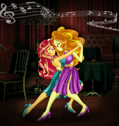 Size: 2268x2396 | Tagged: safe, artist:ponymaan, derpibooru import, adagio dazzle, sunset shimmer, equestria girls, backless, bare shoulders, dancing, duo, female, lesbian, music notes, shipping, sleeveless, sunsagio, tango