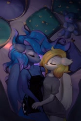 Size: 2000x3000 | Tagged: safe, artist:vensual99, derpibooru import, princess luna, oc, alicorn, anthro, pegasus, anthro oc, bed, duo, eyes closed, female, lying down, lying on bed, mare, on bed, on side, pillow, plushie, sleeping, smiling, t-shirt, teddy bear