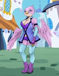 Size: 1350x1750 | Tagged: artist needed, safe, derpibooru import, oc, oc only, oc:gall rosado, anthro, griffon, anthro oc, canterlot, clothes, female, griffon oc, shoes, solo, thigh highs