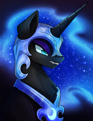 Size: 1000x1300 | Tagged: safe, artist:greenstorm64, derpibooru import, nightmare moon, alicorn, pony, blue background, blue eyes, blue mane, bust, chest fluff, colored pupils, digital art, ethereal mane, fangs, female, flowing mane, helmet, horn, lidded eyes, mare, simple background, solo, starry mane, stars, teeth