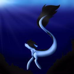 Size: 2459x2439 | Tagged: safe, artist:maneblue, derpibooru import, oc, oc only, merpony, pony, sea pony, seapony (g4), blue background, crepuscular rays, dark, dorsal fin, fish tail, flowing tail, ocean, seaponified, seapony oc, simple background, solo, species swap, sunlight, swimming, tail, underwater, water