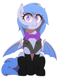 Size: 1250x1500 | Tagged: safe, artist:thebatfang, ponerpics import, oc, oc:lucky roll, bat pony, bat pony oc, bat wings, blue mane, bowtie, clothes, female, gradient eyes, looking at you, ponerpics community collab 2022, smiling, solo, stockings, thigh highs, vest, wings