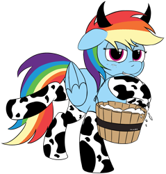 Size: 1943x2035 | Tagged: safe, artist:mark_ml, rainbow dash, cow, pegasus, pony, bucket, clothes, cowprint, horns, looking at you, milk, simple background, smiling, smiling at you, socks, solo, transparent background