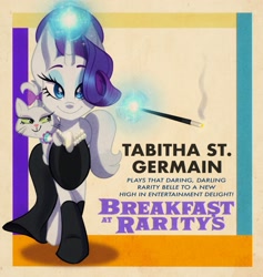 Size: 1583x1668 | Tagged: safe, artist:carouselunique, derpibooru import, opalescence, rarity, cat, pony, unicorn, breakfast at tiffany's, cigarette, cigarette holder, clothes, dress, februpony, female, jewelry, looking at you, magic, mare, necklace, parody, socks, solo, tabitha st. germain, telekinesis