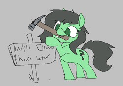 Size: 537x378 | Tagged: safe, artist:anonymous, ponerpics import, oc, oc only, oc:anon filly, earth pony, pony, aggie.io, female, filly, foal, hammer, mare, mouth hold, sign, simple background, solo