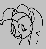 Size: 160x168 | Tagged: safe, artist:omelettepony, ponerpics import, pinkie pie, earth pony, pony, aggie.io, female, lowres, mare, monochrome, open mouth, simple background, smiling, solo