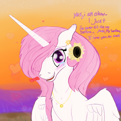 Size: 2000x2000 | Tagged: safe, artist:enonnnymous, derpibooru import, princess celestia, alicorn, pony, /sun/, beach, bow, crying, ears, female, floppy ears, flower, i love you, jewelry, looking at you, mare, necklace, pink-mane celestia, ring, solo, spread wings, sunflower, sunset, talking to viewer, tears of joy, wings, young celestia