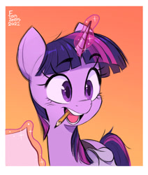 Size: 2480x2924 | Tagged: safe, artist:fanzeem, derpibooru import, twilight sparkle, unicorn twilight, pony, unicorn, adorkable, bag, cute, dork, female, glowing, glowing horn, gradient background, high res, horn, levitation, magic, mare, mouth hold, open mouth, paper, passepartout, pencil, pencil in mouth, saddle bag, solo, telekinesis, twiabetes