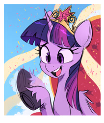 Size: 2480x2924 | Tagged: safe, artist:fanzeem, derpibooru import, twilight sparkle, twilight sparkle (alicorn), alicorn, pony, big crown thingy, confetti, cute, element of magic, female, high res, jewelry, mare, open mouth, regalia, smile and wave, solo, throne, twiabetes, underhoof, unshorn fetlocks, waving