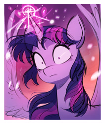 Size: 2480x2924 | Tagged: safe, artist:fanzeem, derpibooru import, twilight sparkle, twilight sparkle (alicorn), alicorn, pony, female, frown, glowing, glowing horn, high res, horn, magic, mare, messy mane, shrunken pupils, solo, spread wings, wings