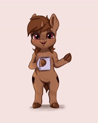 Size: 3287x4096 | Tagged: safe, artist:miokomata, derpibooru import, oc, oc only, oc:coffee, semi-anthro, unicorn, coffee mug, hoof hold, looking at you, male, mug, open mouth, open smile, pink background, simple background, smiling, smiling at you, solo, stallion