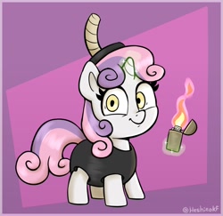 Size: 1506x1466 | Tagged: safe, artist:heretichesh, derpibooru import, sweetie belle, pony, unicorn, bomb, clothes, costume, crazy eyes, female, filly, foal, levitation, lighter, looking at you, magic, pun, smiling, smiling at you, solo, telekinesis, visual pun, weapon, wordplay