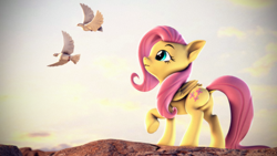 Size: 3840x2160 | Tagged: safe, artist:psfmer, derpibooru import, fluttershy, bird, dove, pegasus, pony, 3d, butt, dock, female, flutterbutt, high res, mare, plot, solo, source filmmaker, tail