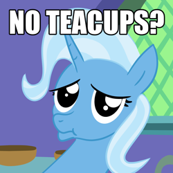 Size: 1024x1024 | Tagged: safe, artist:velgarn, derpibooru import, trixie, pony, unicorn, caption, cup, female, frown, great and powerful, image macro, looking at you, mare, meme, no bitches?, ponified, ponified meme, sad, teacup, text