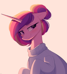 Size: 1661x1848 | Tagged: safe, artist:higglytownhero, derpibooru import, princess cadance, alicorn, pony, alternate hairstyle, blushing, clothes, cute, cutedance, female, hair bun, mare, solo, sweater