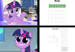 Size: 1000x696 | Tagged: safe, derpibooru import, edit, edited screencap, screencap, twilight sparkle, twilight sparkle (alicorn), alicorn, pony, sparkle's seven, chalkboard, ears, faic, female, floppy ears, friendship throne, frown, hooves, horn, lip bite, mare, meme, palindrome get, pudding face, shrug, sitting, solo, spoilers for another series, wordle