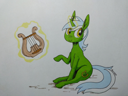 Size: 2000x1500 | Tagged: safe, artist:darkhestur, derpibooru import, lyra heartstrings, pony, unicorn, lyre, magic, musical instrument, simple background, sitting, solo, telekinesis, traditional art