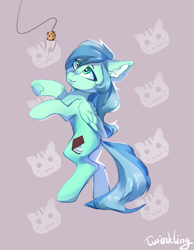 Size: 776x1000 | Tagged: safe, artist:twinkling, derpibooru import, oc, oc only, pegasus, pony, behaving like a cat, butt, cookie, dangling, food, plot, solo