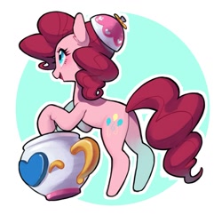 Size: 1378x1335 | Tagged: safe, artist:ikirunosindo, derpibooru import, pinkie pie, earth pony, pony, butt, cup, cute, diapinkes, ear fluff, ears, facing away, female, mare, open mouth, plot, solo, teacup, toy interpretation