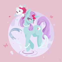 Size: 768x768 | Tagged: safe, artist:haruco2a, derpibooru import, oc, oc only, oc:jenni love, pony, unicorn, bow, bracelet, female, jewelry, lineless, looking at you, mare, necklace, pearl necklace, plushie, ribbon, solo, teddy bear