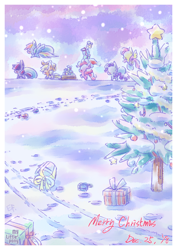 Size: 566x800 | Tagged: safe, artist:ef74, derpibooru import, applejack, fluttershy, pinkie pie, rainbow dash, rarity, twilight sparkle, unicorn twilight, earth pony, pegasus, pony, unicorn, applejack's hat, chibi, christmas, christmas tree, clothes, cowboy hat, flying, hat, holiday, hoofprints, mane six, merry christmas, present, santa hat, snow, stars, tree, walking, winter