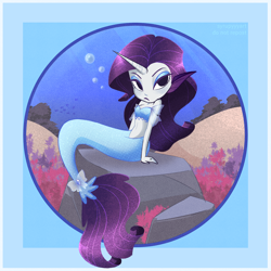 Size: 2226x2226 | Tagged: safe, artist:syrupyyy, derpibooru import, rarity, human, mermaid, equestria girls, bare shoulders, ear fins, high res, horn, horned humanization, humanized, mermaidized, mermarity, species swap