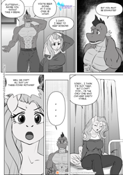 Size: 1200x1697 | Tagged: safe, artist:pia-sama, derpibooru import, fluttershy, spike, anthro, dragon, pegasus, comic:rogue diamond, ..., breasts, comic, dialogue, duo, grayscale, hootershy, monochrome, older, older spike, speech bubble, sweat, sweatdrop