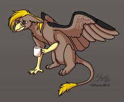 Size: 2660x2202 | Tagged: safe, artist:shenzaibird, derpibooru import, oc, oc:pad, griffon, coffee, coffee mug, male, mug, solo, tired