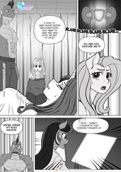 Size: 1200x1697 | Tagged: safe, artist:pia-sama, derpibooru import, fluttershy, rarity, spike, twilight sparkle, anthro, dragon, pegasus, unicorn, comic:rogue diamond, comic, dialogue, female, grayscale, male, mare, monochrome, older, older spike, speech bubble